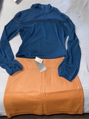 Faux Leather A-Line Mini Skirt in Tan & blue Top